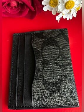 Coach Black Compact Card Holder with Logo Tag